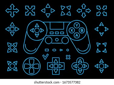 Neon light game ui sign set on black background. Blue arrow cursor icons. Retro 80s console gaming style. Controller keys with direction cross on and off buttons on gamepad. Bright vector illustration