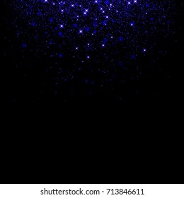 Neon light glitter confetti effect background with dust sparkle. Blue Christmas light texture on black background. Vector luxury star rain backdrop