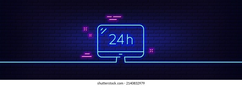 Neon light glow effect. 24 hour service line icon. Call support sign. Feedback chat symbol. 3d line neon glow icon. Brick wall banner. 24h service outline. Vector