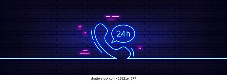 Neon light glow effect. 24 hour service line icon. Call support sign. Feedback chat symbol. 3d line neon glow icon. Brick wall banner. 24h service outline. Vector