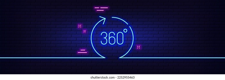 Efecto luminoso neón. Icono de línea de 360 grados. Señal de vista panorámica. Símbolo de simulación de tecnología VR. Icono de resplandor de neón de 3d línea. Banner de pared de ladrillo. Esquema de 360 grados. Vector
