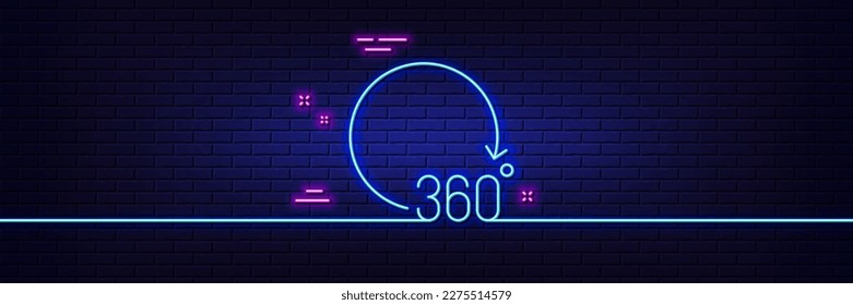 Neon light glow effect. 360 degrees line icon. VR simulation sign. Panoramic view symbol. 3d line neon glow icon. Brick wall banner. 360 degrees outline. Vector