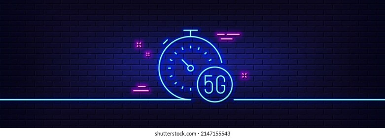 Neon light glow effect. 5g fast internet line icon. Wireless technology sign. Mobile wifi symbol. 3d line neon glow icon. Brick wall banner. 5g internet outline. Vector