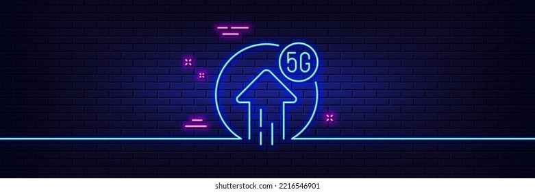 Neon light glow effect. 5g upload speed line icon. Wireless technology sign. Mobile wifi internet symbol. 3d line neon glow icon. Brick wall banner. 5g upload outline. Vector