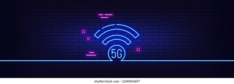 Neon light glow effect. 5g wi-fi technology line icon. Wifi wireless network sign. Mobile internet symbol. 3d line neon glow icon. Brick wall banner. 5g wifi outline. Vector