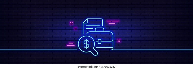 Neon light glow effect. Accounting report line icon. Audit sign. Check finance symbol. 3d line neon glow icon. Brick wall banner. Accounting report outline. Vector