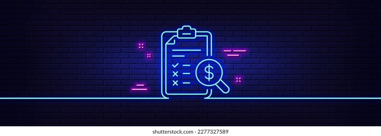 Neon light glow effect. Accounting report line icon. Audit sign. Check finance symbol. 3d line neon glow icon. Brick wall banner. Accounting report outline. Vector