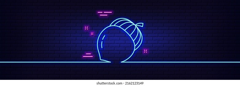 Neon light glow effect. Acorn nut line icon. Oaknut sign. Oak tree seed symbol. 3d line neon glow icon. Brick wall banner. Acorn outline. Vector