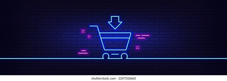 Neon light glow effect. Add to Shopping cart line icon. Online buying sign. Supermarket basket symbol. 3d line neon glow icon. Brick wall banner. Online market outline. Vector