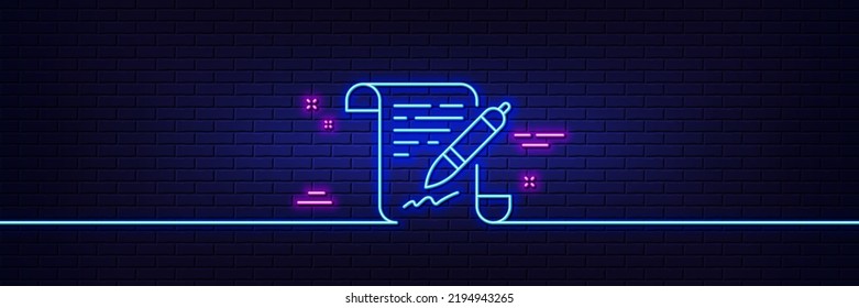 Neon light glow effect. Agreement document line icon. Contract file signature sign. Office note symbol. 3d line neon glow icon. Brick wall banner. Agreement document outline. Vector