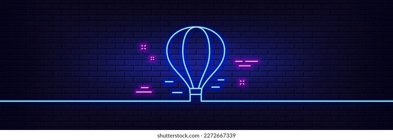 Efecto luminoso neón. Icono de línea de globo de aire. Transporte de vuelo con señal de canasta. Símbolo del parque de atracciones. Icono de resplandor de neón de 3d línea. Banner de pared de ladrillo. Borde de globo de aire. Vector