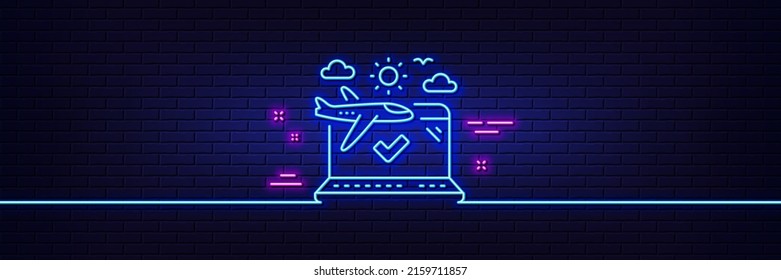 Neon light glow effect. Airplane travel line icon. Check in trip sign. Holidays flight transport symbol. 3d line neon glow icon. Brick wall banner. Airplane travel outline. Vector