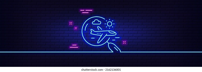 Neon light glow effect. Airplane travel line icon. Search trip flight sign. Holidays symbol. 3d line neon glow icon. Brick wall banner. Search flight outline. Vector