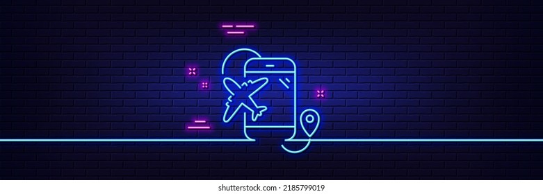 Neon light glow effect. Airplane travel line icon. Trip flight destination sign. Holidays symbol. 3d line neon glow icon. Brick wall banner. Flight destination outline. Vector