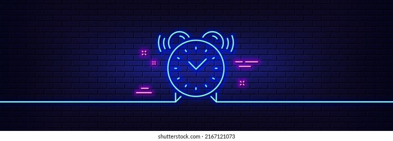 Neon light glow effect. Alarm clock line icon. Time or watch sign. 3d line neon glow icon. Brick wall banner. Alarm clock outline. Vector