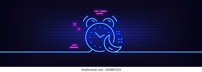 Neon light glow effect. Alarm clock line icon. Night sleep time sign. Bedtime watch symbol. 3d line neon glow icon. Brick wall banner. Alarm outline. Vector