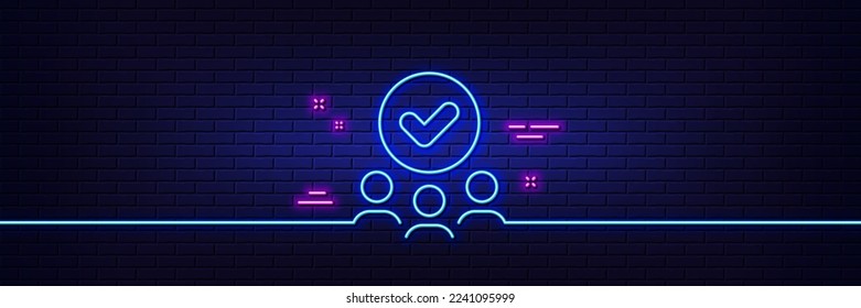 Neon light glow effect. Approved group line icon. Accepted team sign. Human resources symbol. 3d line neon glow icon. Brick wall banner. Approved group outline. Vector