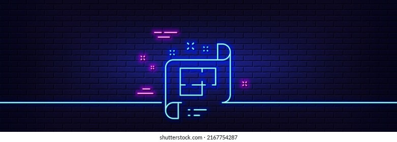 Neonhellgrauer Effekt. Symbol für Baupläne Technisches Projektzeichen. 3D-Linie Neonglühsymbol. Brick-Wand-Banner. Grundriss des Architekturplans. Vektorgrafik
