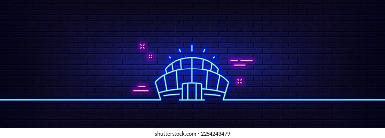 Neon light glow effect. Arena stadium line icon. Competition building sign. Sport complex symbol. 3d line neon glow icon. Brick wall banner. Arena stadium outline. Vector