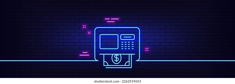 Neon light glow effect. ATM line icon. Money withdraw sign. Payment machine symbol. 3d line neon glow icon. Brick wall banner. ATM outline. Vector