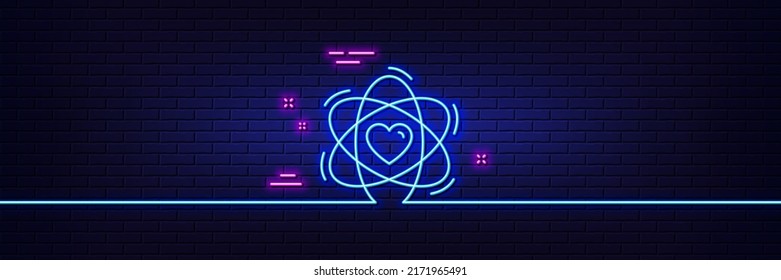 Neon light glow effect. Atom with heart line icon. Energy sign. Chemical element symbol. 3d line neon glow icon. Brick wall banner. Atom outline. Vector