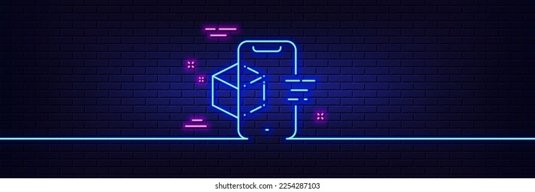 Neon light glow effect. Augmented reality phone line icon. VR simulation sign. 3d cube symbol. 3d line neon glow icon. Brick wall banner. Augmented reality outline. Vector