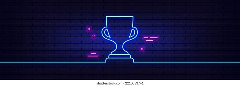 Neon Light Glow Effect. Award Cup Line Icon. Winner Trophy Symbol. Sports Achievement Sign. 3d Line Neon Glow Icon. Brick Wall Banner. Award Cup Outline. Vector