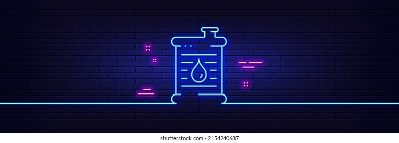 Neon light glow effect. Barrel of oil line icon. Gasoline or diesel fuel sign. Petroleum power energy symbol. 3d line neon glow icon. Brick wall banner. Oil barrel outline. Vector