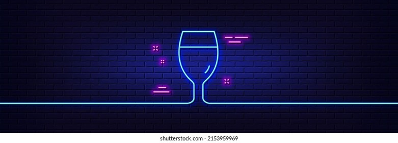 Neon light glow effect. Beer glass line icon. Pub Craft beer sign. Brewery beverage symbol. 3d line neon glow icon. Brick wall banner. Beer glass outline. Vector