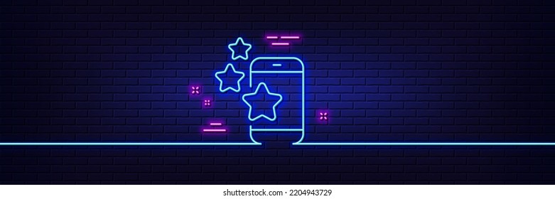 Neon light glow effect. Best app line icon. Phone ratings sign. Ranking symbol. 3d line neon glow icon. Brick wall banner. Best app outline. Vector