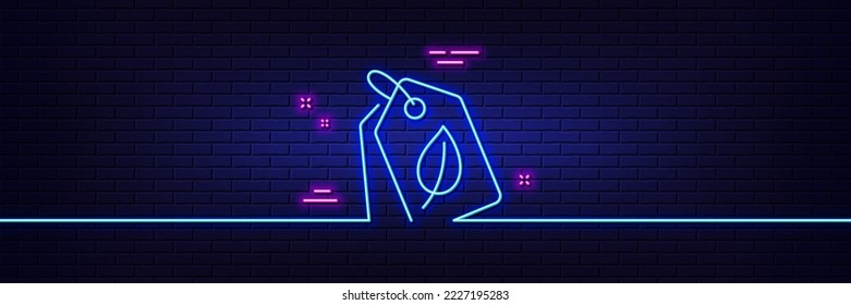 Neon light glow effect. Bio shopping tags line icon. Leaf sign. Natural products symbol. 3d line neon glow icon. Brick wall banner. Bio tags outline. Vector