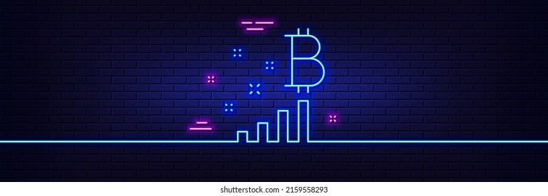 Neon light glow effect. Bitcoin graph line icon. Cryptocurrency analytics sign. Crypto money symbol. 3d line neon glow icon. Brick wall banner. Bitcoin graph outline. Vector
