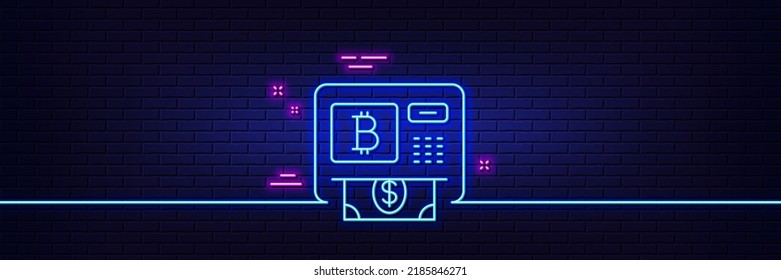 Neon light glow effect. Bitcoin ATM line icon. Cryptocurrency cash sign. Dollar money symbol. 3d line neon glow icon. Brick wall banner. Bitcoin atm outline. Vector