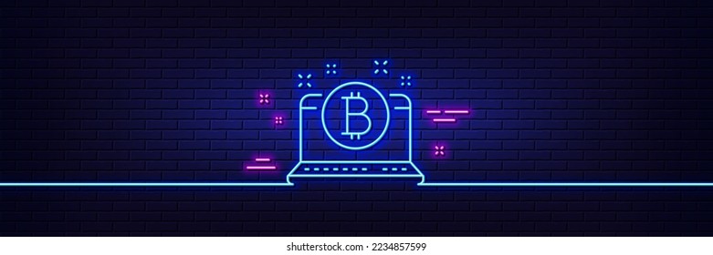 Neonhellgrauer Effekt. Bitcoin-Zeilensymbol. Kryptowährungszeichen. Krypto-Laptop-Symbol. 3D-Linie Neonglühsymbol. Brick-Wand-Banner. Bitcoin-Umriss. Vektorgrafik