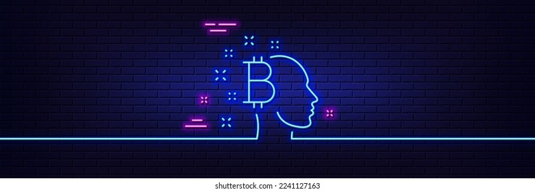 Neon light glow effect. Bitcoin think line icon. Cryptocurrency head sign. Crypto money symbol. 3d line neon glow icon. Brick wall banner. Bitcoin think outline. Vector