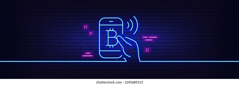 Neon light glow effect. Bitcoin mobile pay line icon. Cryptocurrency sign. Crypto money symbol. 3d line neon glow icon. Brick wall banner. Bitcoin pay outline. Vector