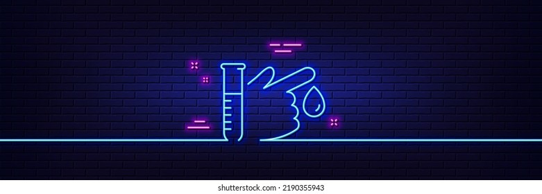 Neon light glow effect. Blood donation line icon. Medical analyzes sign. Pharmacy medication symbol. 3d line neon glow icon. Brick wall banner. Blood donation outline. Vector