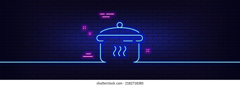 Neon light glow effect. Boiling pan line icon. Cooking sign. Food preparation symbol. 3d line neon glow icon. Brick wall banner. Boiling pan outline. Vector