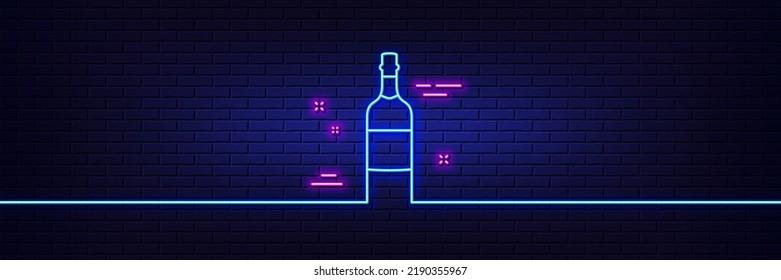 Neon light glow effect. Brandy bottle line icon. Whiskey or Scotch alcohol sign. 3d line neon glow icon. Brick wall banner. Brandy bottle outline. Vector