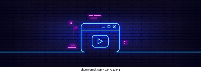 Neon light glow effect. Browser Window line icon. Video content sign. Internet page symbol. 3d line neon glow icon. Brick wall banner. Video content outline. Vector