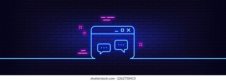 Neon light glow effect. Browser Window line icon. Chat speech bubbles sign. Internet page symbol. 3d line neon glow icon. Brick wall banner. Browser Window outline. Vector