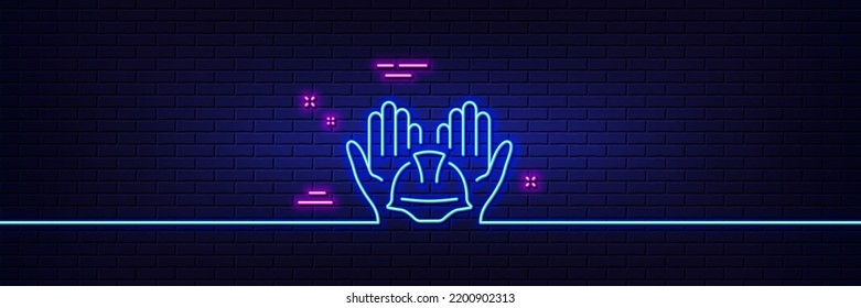 Neon light glow effect. Builders union line icon. Care ocnstruction workers sign. Engineer or architect helmet symbol. 3d line neon glow icon. Brick wall banner. Builders union outline. Vector
