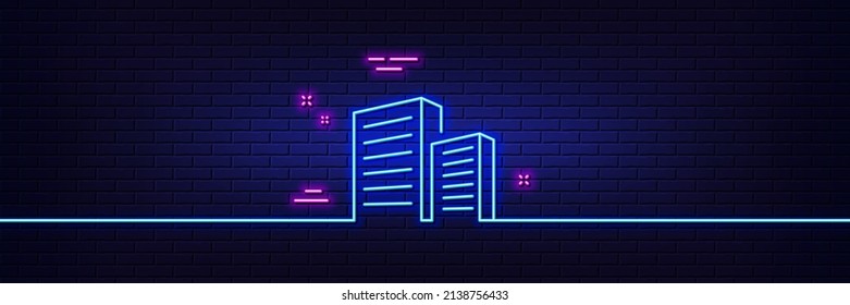 Neon light glow effect. Buildings line icon. City architecture sign. Skyscraper building symbol. 3d line neon glow icon. Brick wall banner. Buildings outline. Vector