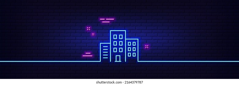 Neon light glow effect. Buildings line icon. City apartments sign. Architecture building symbol. 3d line neon glow icon. Brick wall banner. Buildings outline. Vector