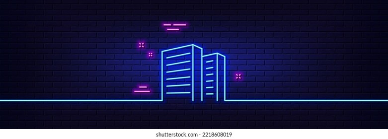 Neon light glow effect. Buildings line icon. City apartments sign. Architecture building symbol. 3d line neon glow icon. Brick wall banner. Buildings outline. Vector