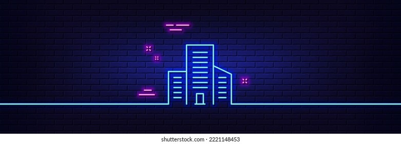 Neon light glow effect. Buildings line icon. City architecture sign. Skyscraper building symbol. 3d line neon glow icon. Brick wall banner. Buildings outline. Vector