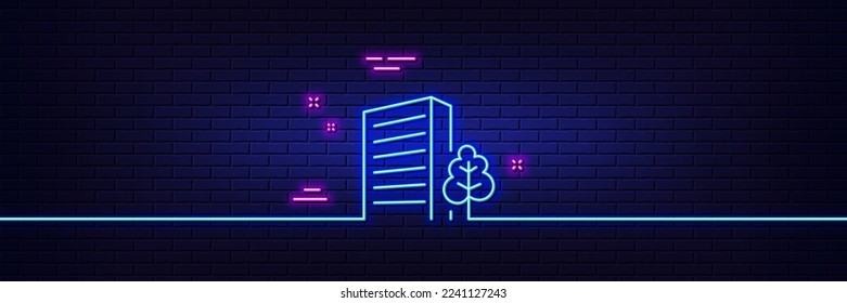 Neon light glow effect. Buildings line icon. City architecture with tree sign. Skyscraper building symbol. 3d line neon glow icon. Brick wall banner. Buildings outline. Vector