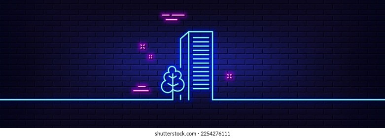 Neon light glow effect. Buildings line icon. City architecture with tree sign. Skyscraper building symbol. 3d line neon glow icon. Brick wall banner. Buildings outline. Vector