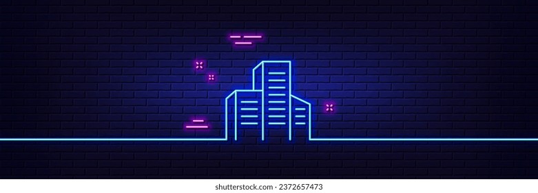 Neon light glow effect. Buildings line icon. City architecture sign. Skyscraper building symbol. 3d line neon glow icon. Brick wall banner. Buildings outline. Vector