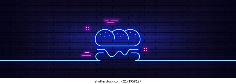Neon light glow effect. Burger line icon. Fast food sign. Hamburger sandwich symbol. 3d line neon glow icon. Brick wall banner. Burger outline. Vector